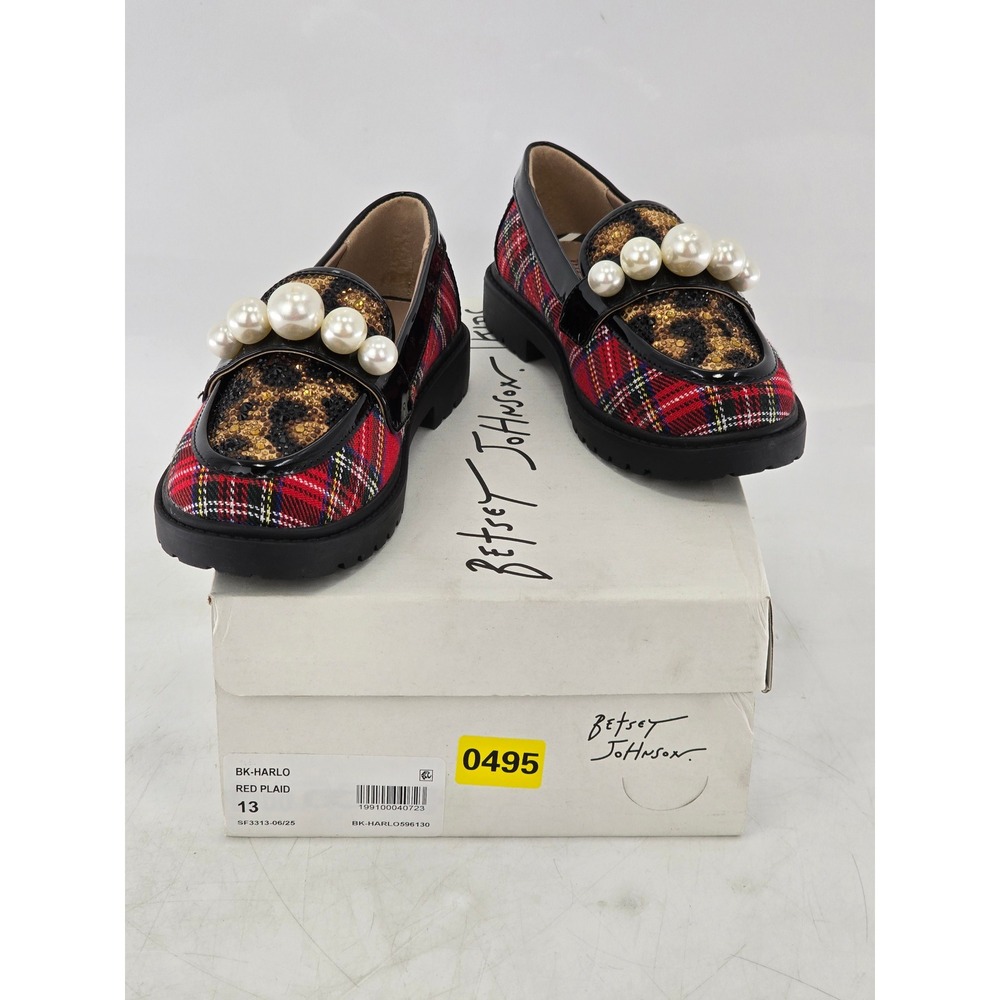 Betsey Johnson Harlo Loafers Kids 13 Red Plaid Leopard Pearl - Excellent